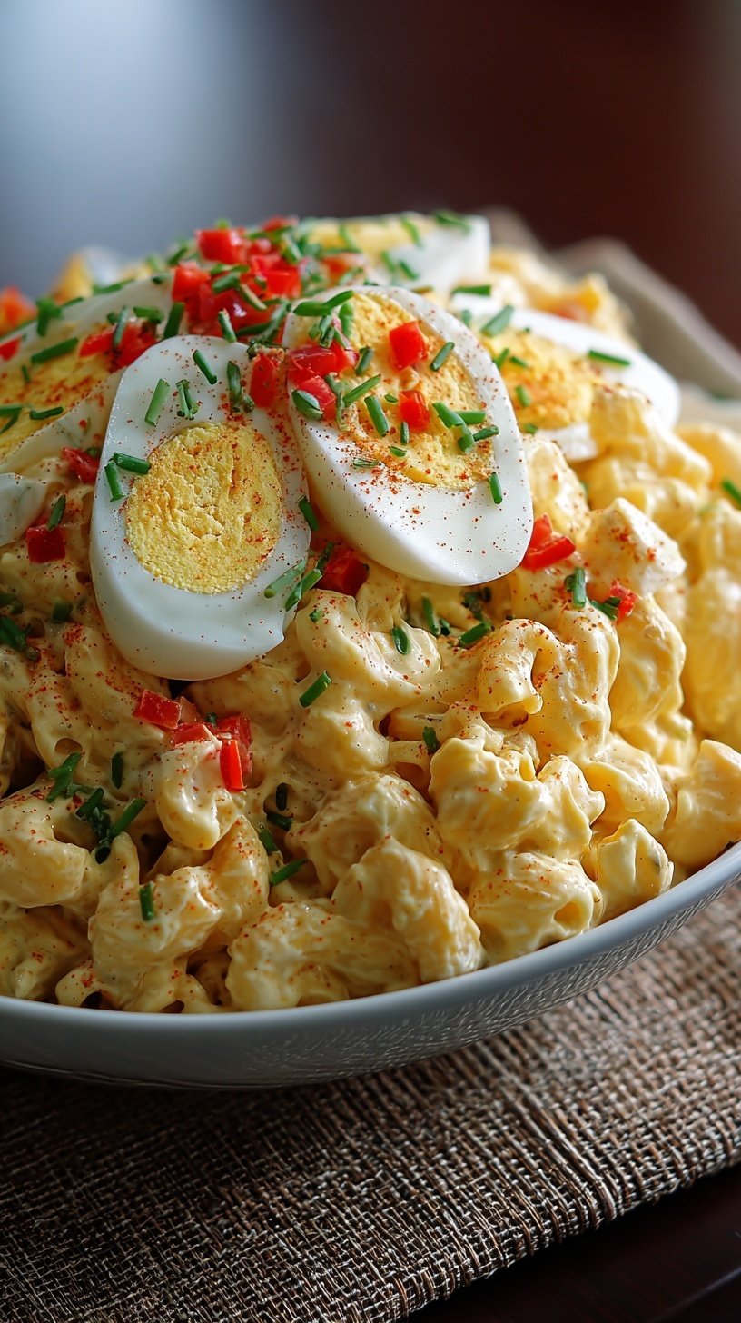 A large bowl of creamy deviled egg macaroni pasta salad topped with fresh chives and smoked paprika