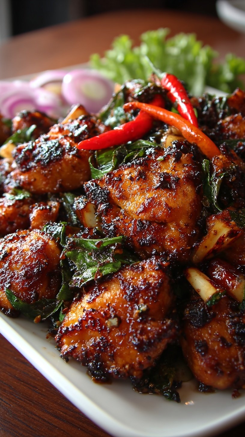 A glossy stir-fry of black pepper chicken with green peppers and onions in a dark sauce