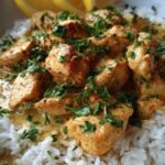 Golden pan-seared chicken breasts coated in a glossy lemon butter sauce with fresh parsley and lemon slices.