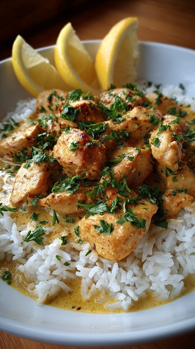 Golden pan-seared chicken breasts coated in a glossy lemon butter sauce with fresh parsley and lemon slices.