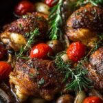 One Pan Balsamic Chicken in a skillet with tomatoes and asparagus