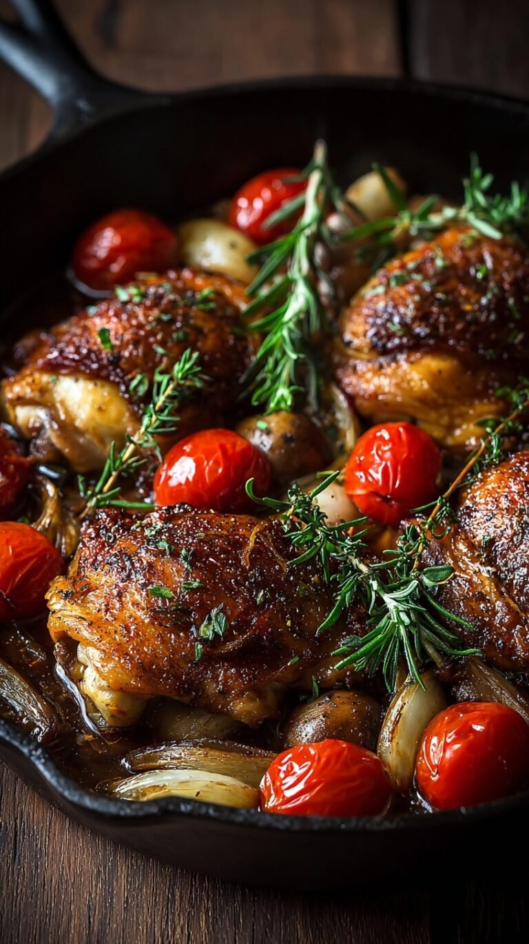 One Pan Balsamic Chicken in a skillet with tomatoes and asparagus