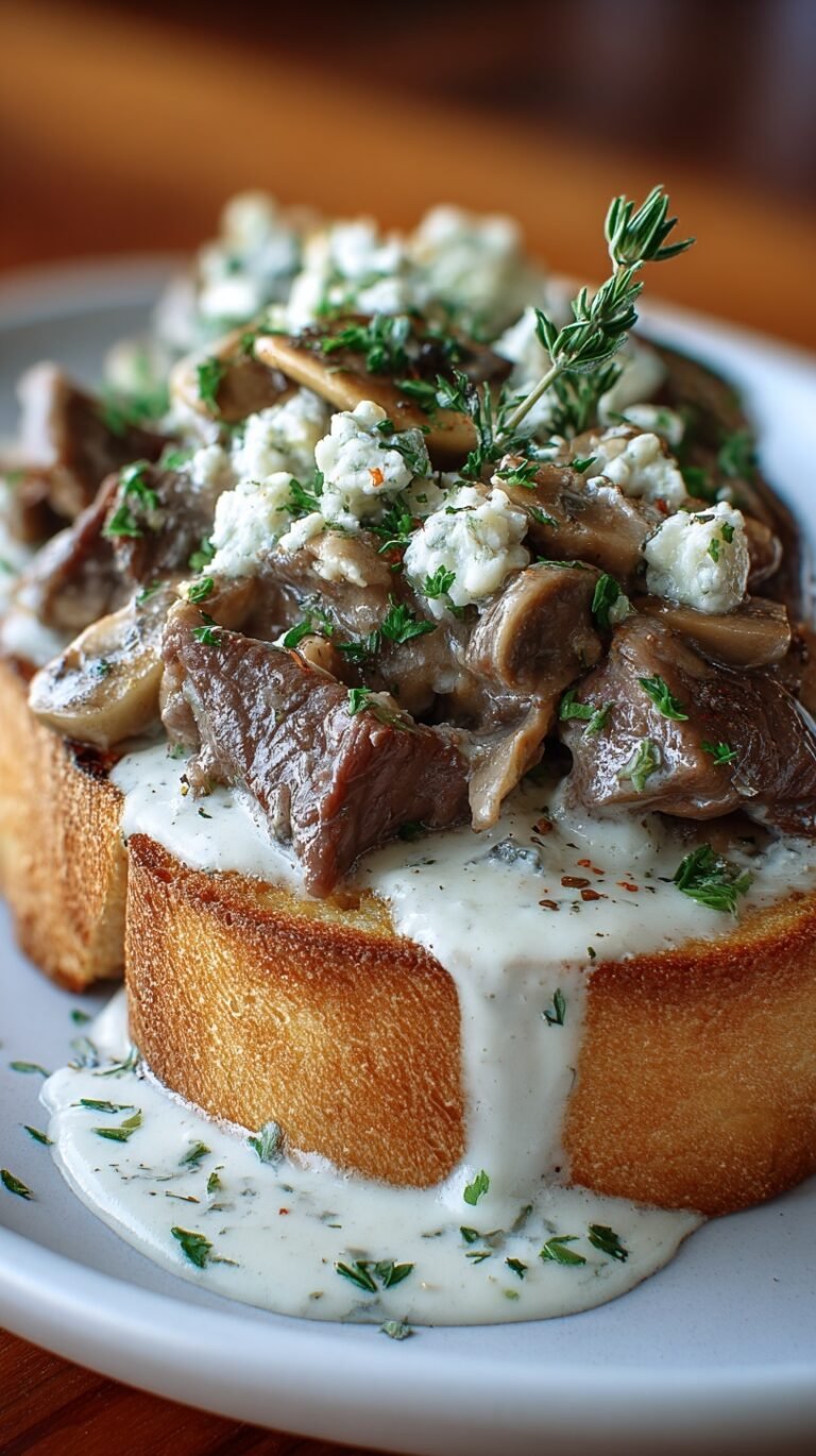 Slices of toasted French bread topped with creamy beef stroganoff and melted mozzarella cheese