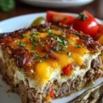 A layered meatloaf casserole with melted cheddar cheese and mashed potatoes on top