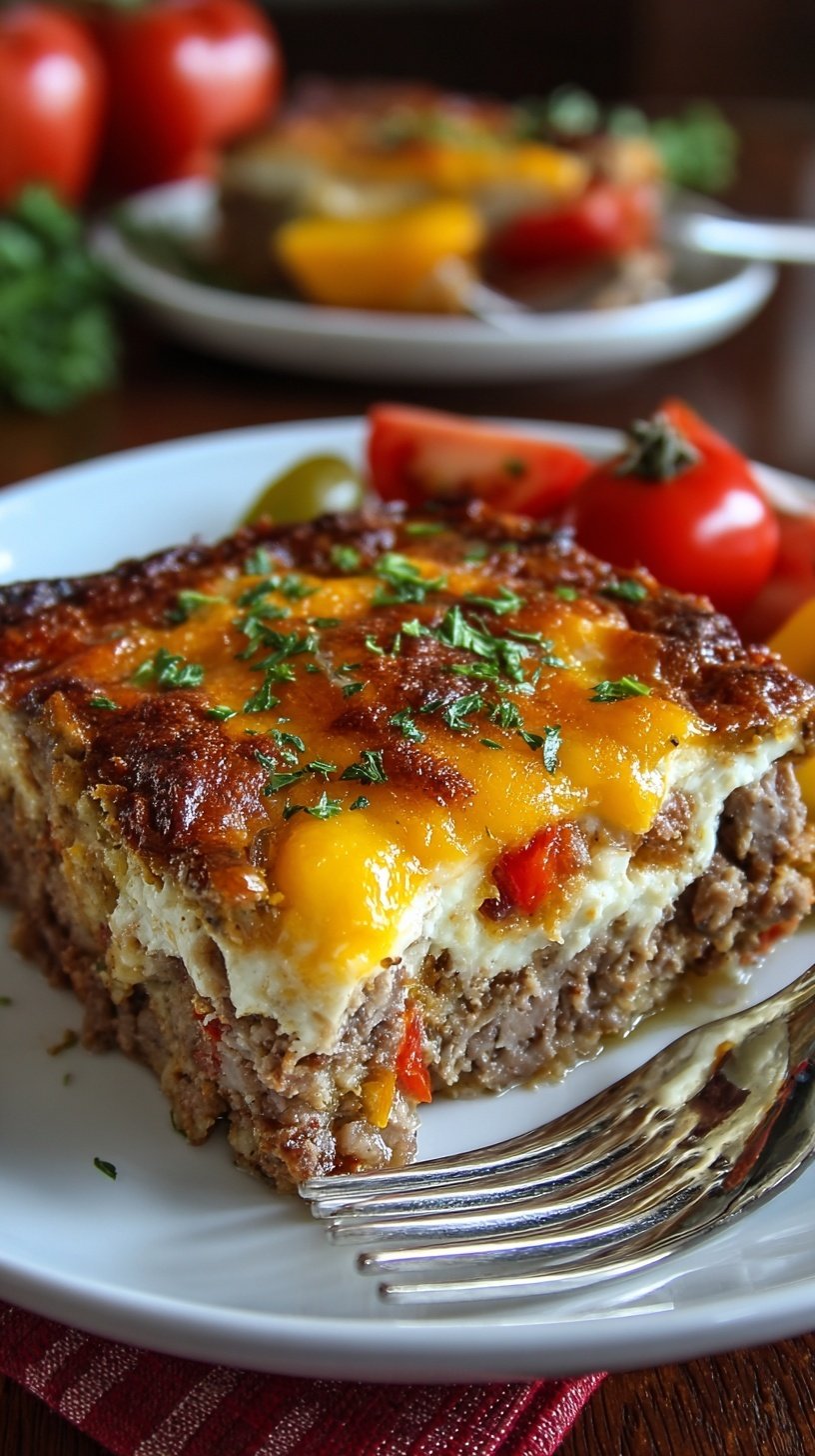 A layered meatloaf casserole with melted cheddar cheese and mashed potatoes on top