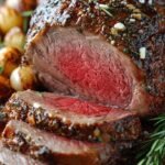 A sliced rosemary and garlic roast beef on a wooden cutting board with fresh herbs.