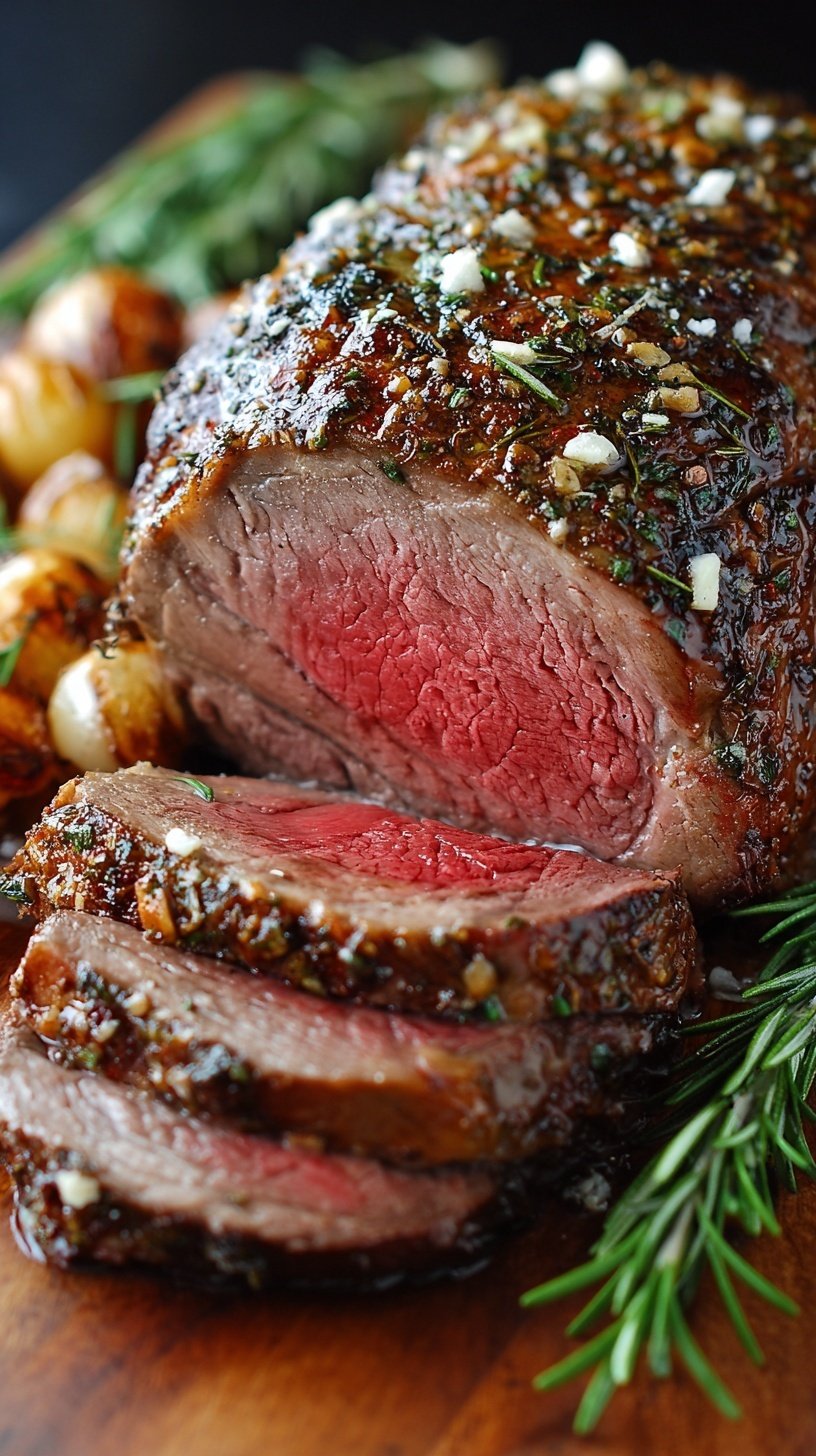 A sliced rosemary and garlic roast beef on a wooden cutting board with fresh herbs.