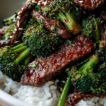 A skillet filled with tender sliced beef and bright green broccoli florets in a glossy brown sauce.