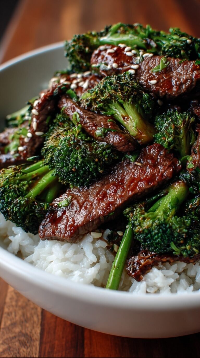 A skillet filled with tender sliced beef and bright green broccoli florets in a glossy brown sauce.