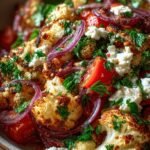 A colorful Mediterranean cauliflower salad with roasted florets, cherry tomatoes, cucumbers, and feta cheese in a glass bowl.