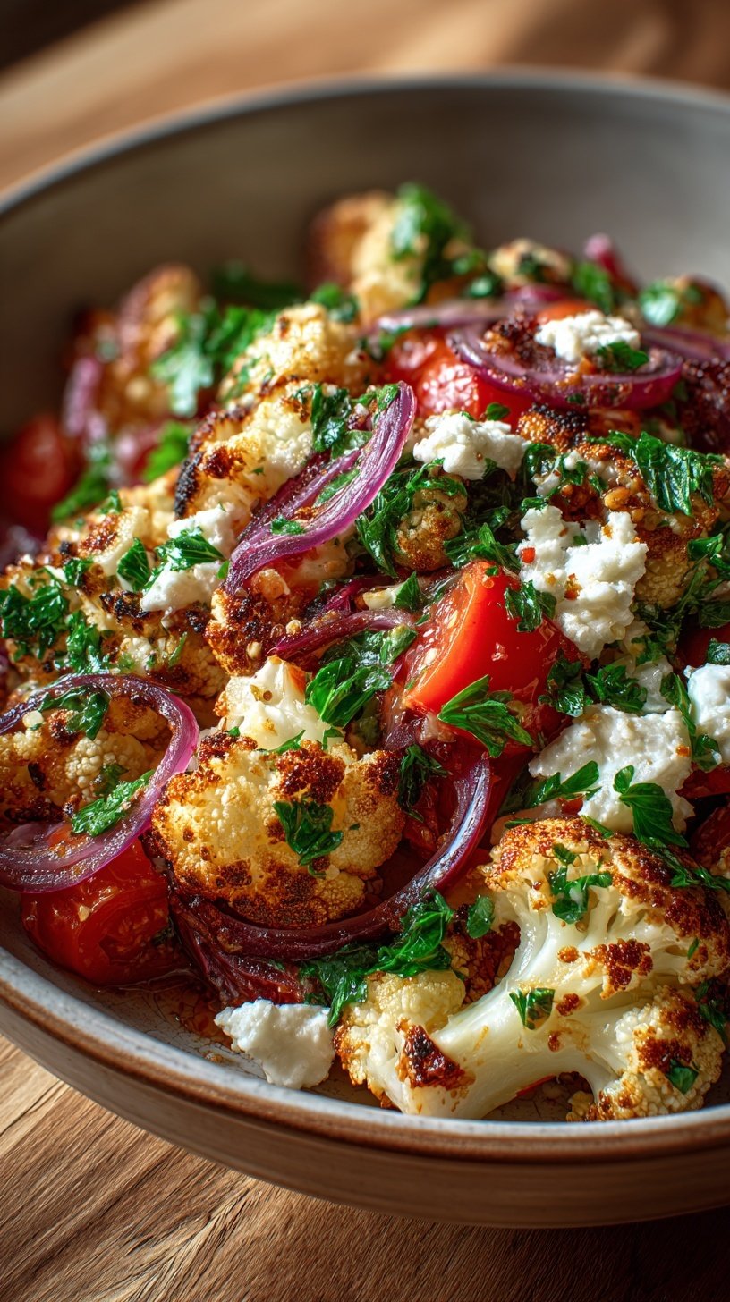 A colorful Mediterranean cauliflower salad with roasted florets, cherry tomatoes, cucumbers, and feta cheese in a glass bowl.