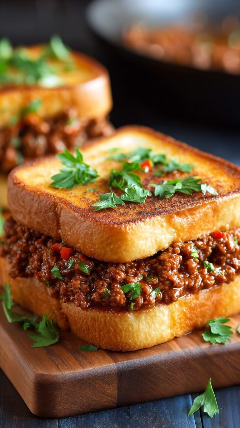 Open faced sloppy joes served on thick garlic Texas toast with melted cheddar cheese on top.