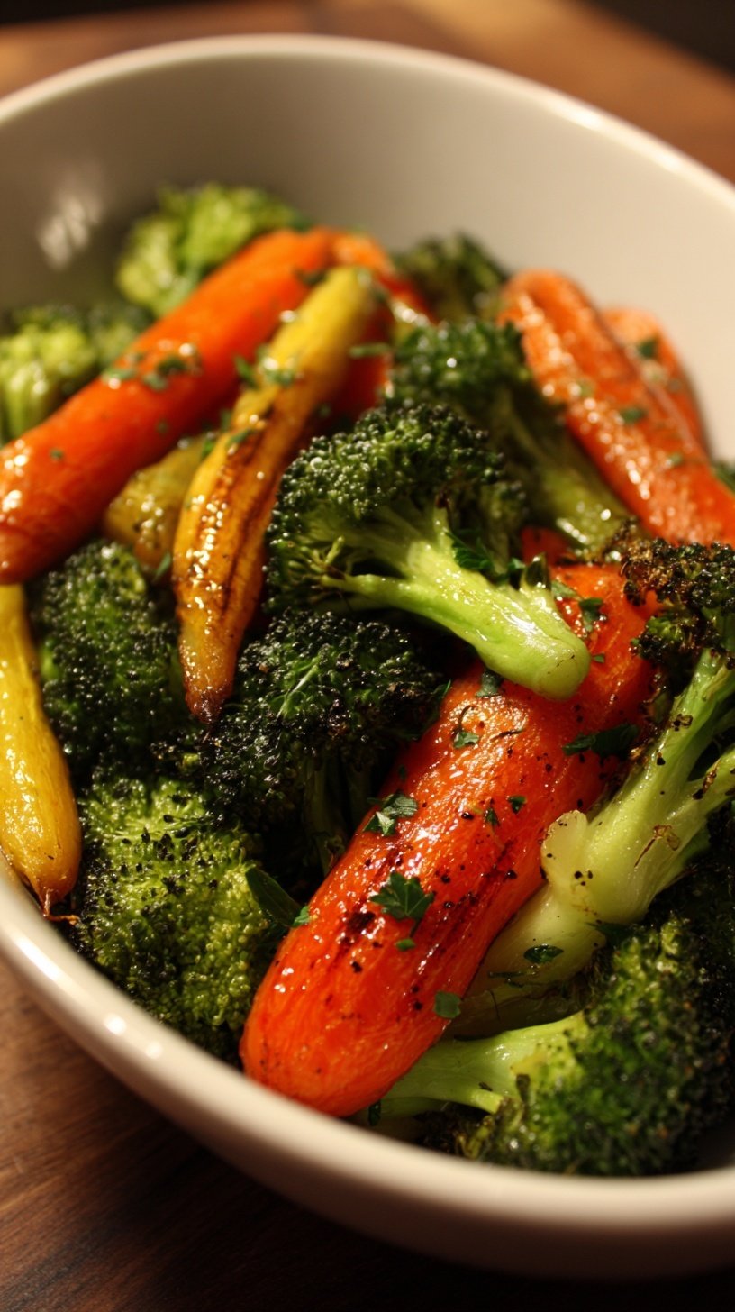 A baking sheet filled with golden roasted broccoli florets and caramelized carrot coins seasoned with garlic and thyme.