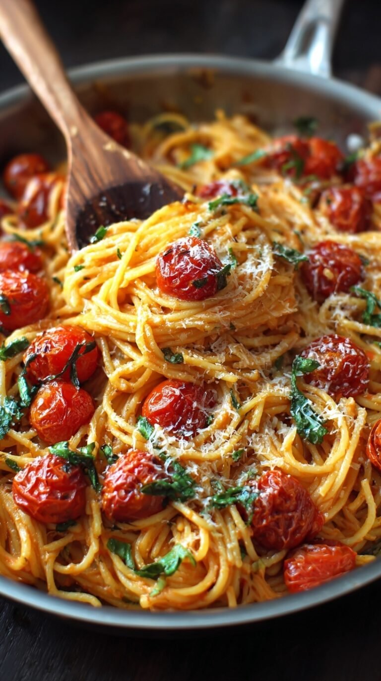 A large skillet filled with creamy tomato pasta topped with fresh basil and parmesan cheese