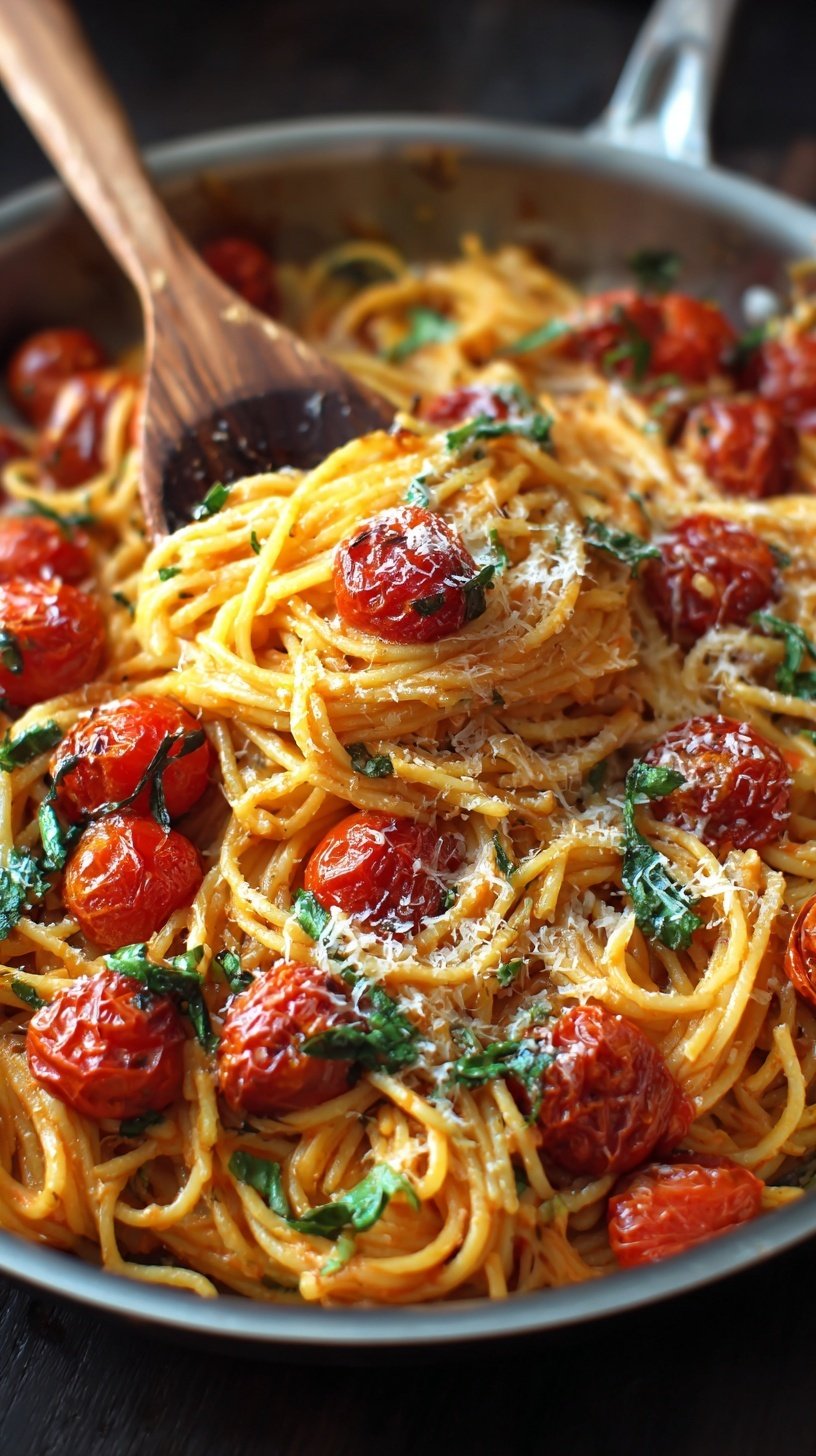 A large skillet filled with creamy tomato pasta topped with fresh basil and parmesan cheese