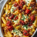 A baking dish filled with roasted cherry tomatoes and a melted block of feta cheese mixed with pasta.