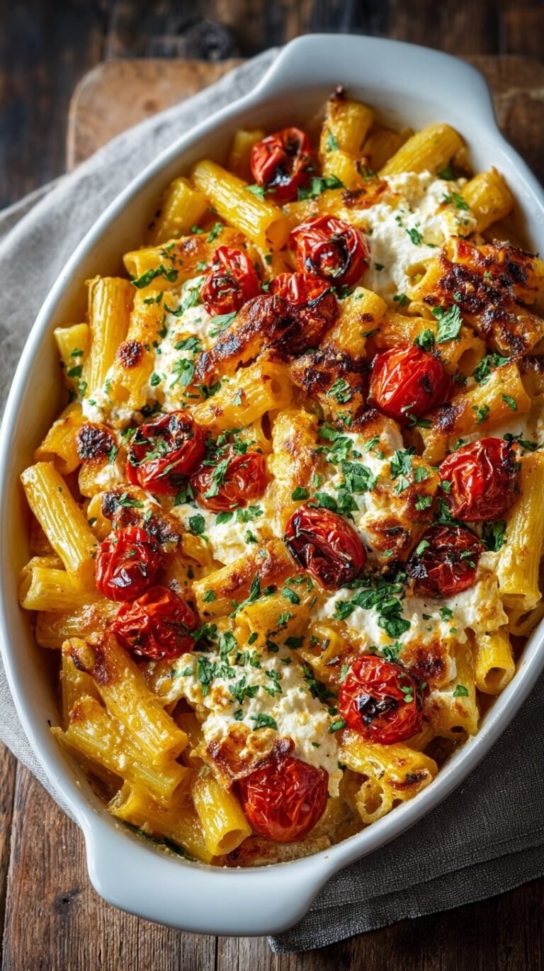 A baking dish filled with roasted cherry tomatoes and a melted block of feta cheese mixed with pasta.