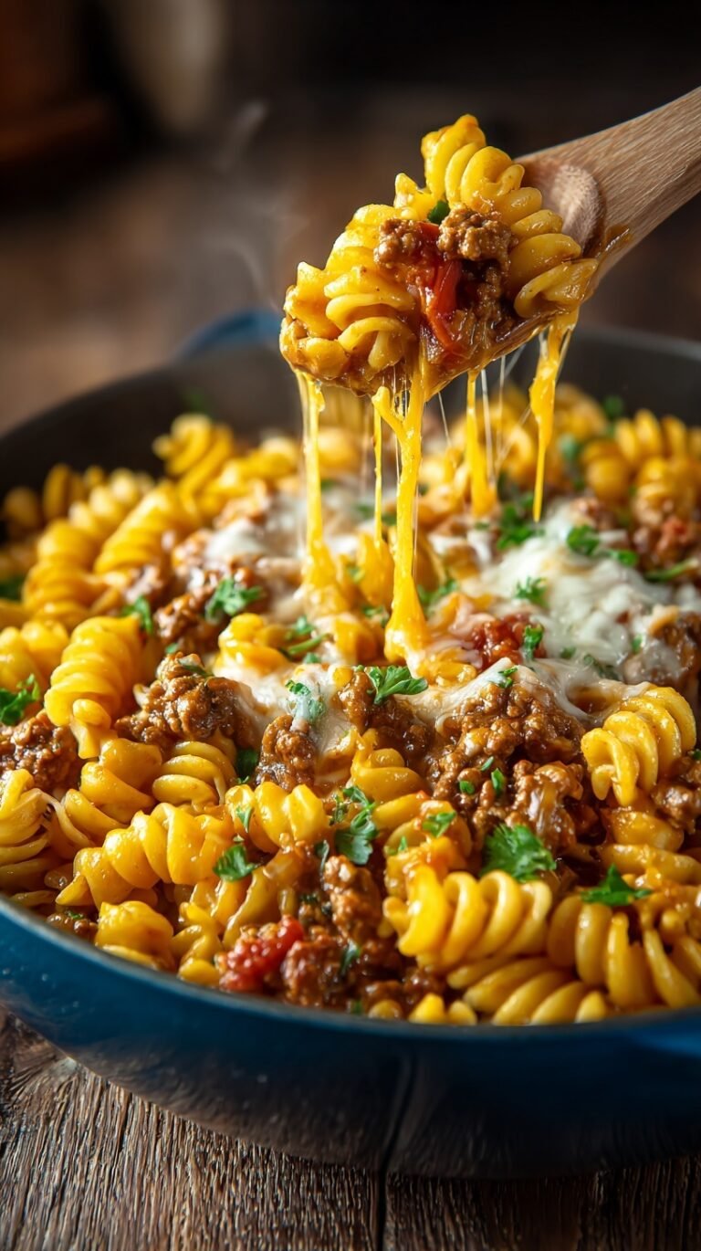 A skillet filled with creamy, cheesy taco pasta and melted cheddar cheese
