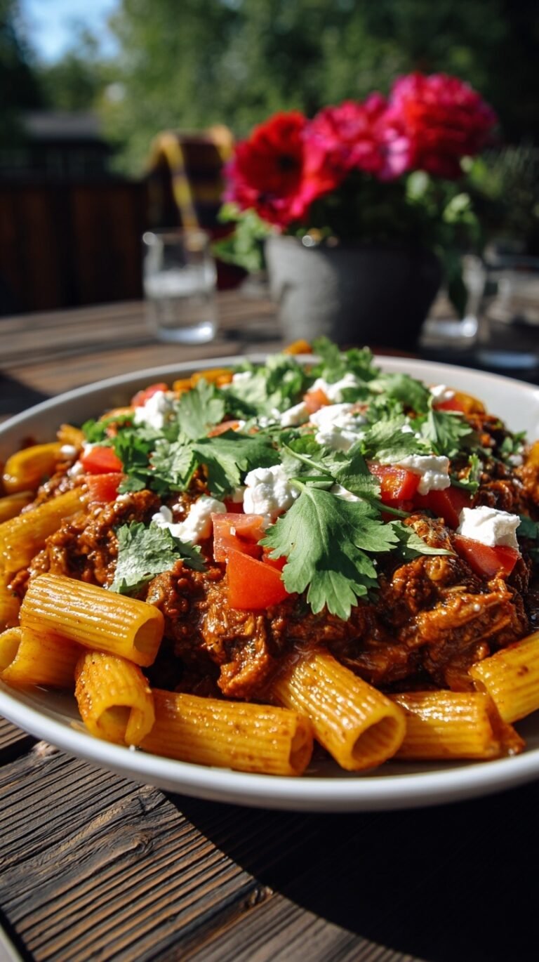 A large skillet filled with cheesy enchilada pasta topped with melted cheese and fresh cilantro.