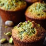 A tray of tall, green pistachio muffins topped with chopped nuts and sparkling sugar.