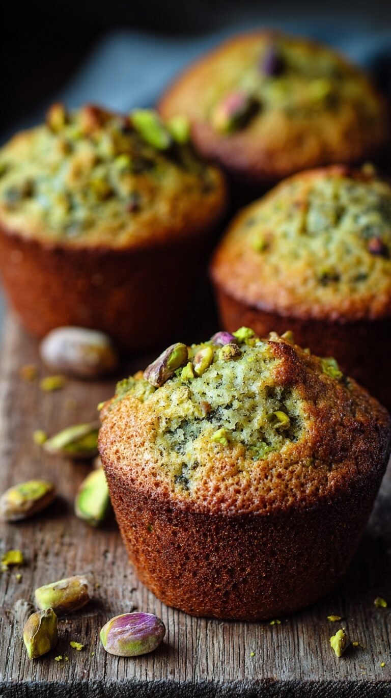 A tray of tall, green pistachio muffins topped with chopped nuts and sparkling sugar.