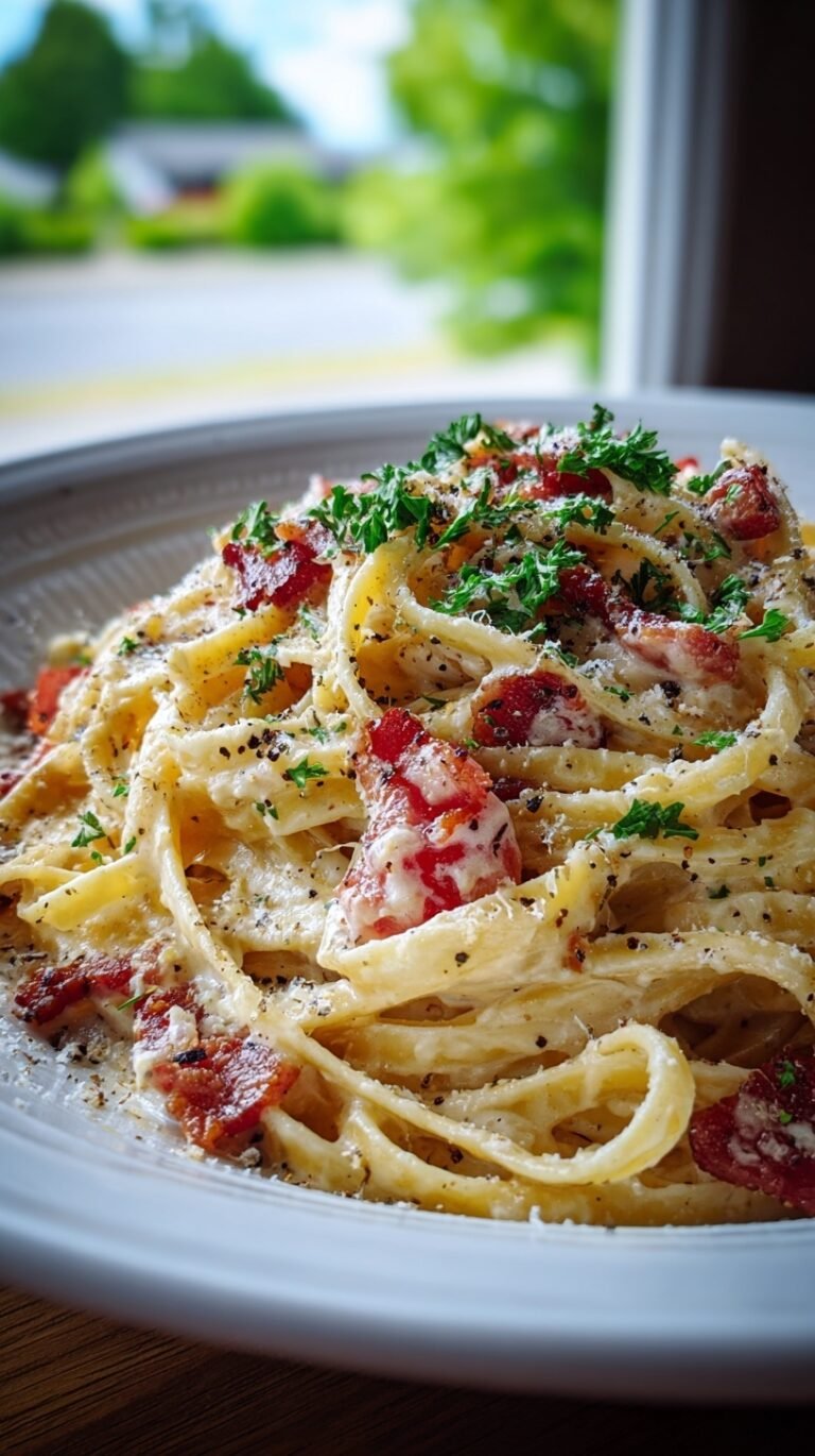 A bowl of creamy bacon pasta with fresh parsley and parmesan cheese