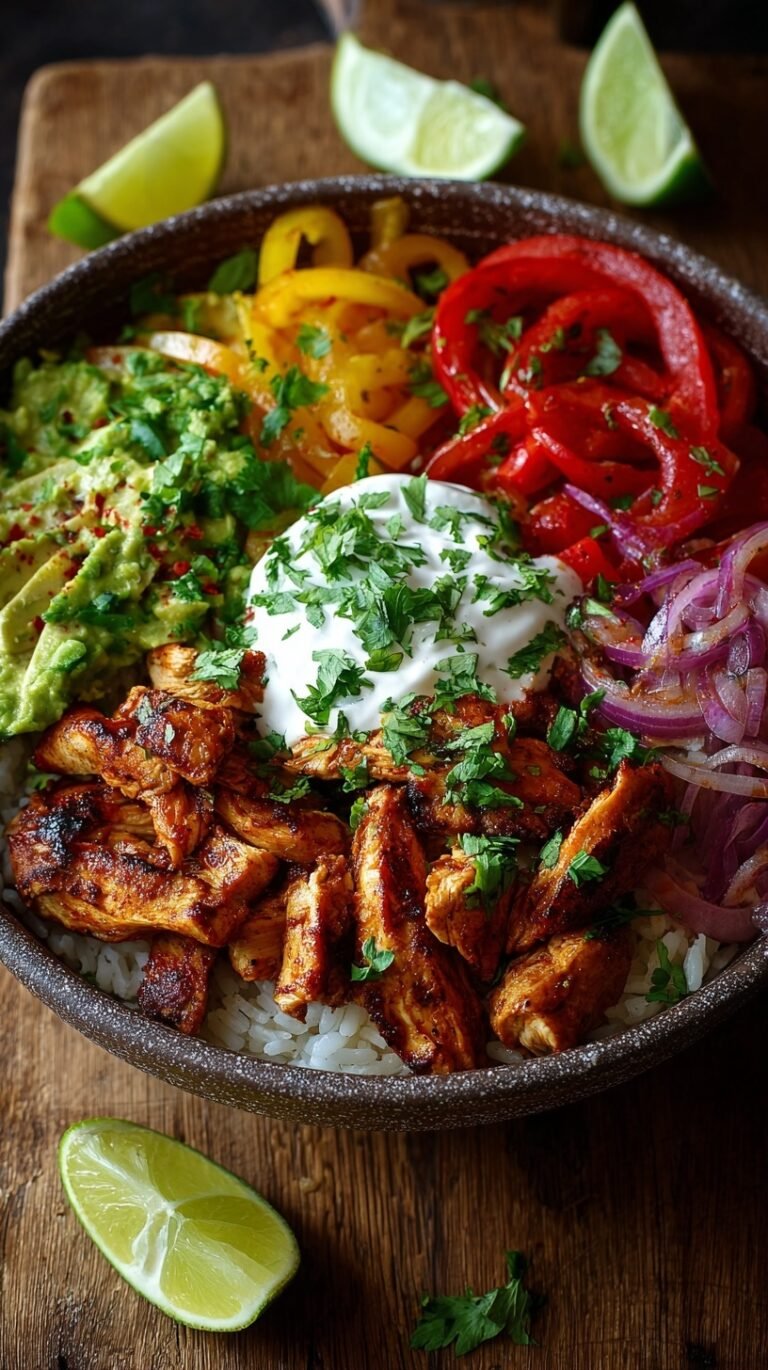 A colorful chicken fajita burrito bowl with grilled chicken, peppers, rice, and avocado