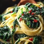 A bowl of spaghetti tossed with fresh green spinach and parmesan cheese.