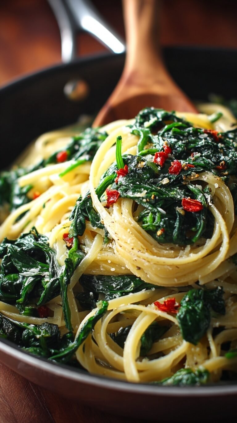 A bowl of spaghetti tossed with fresh green spinach and parmesan cheese.