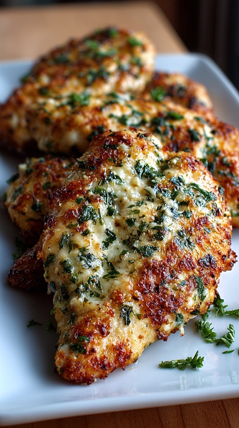 Golden pan-seared chicken breasts smothered in a creamy garlic parmesan sauce with fresh parsley
