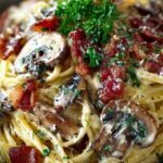 A close-up shot of creamy fettuccine pasta with crispy bacon and sautéed mushrooms in a white bowl.