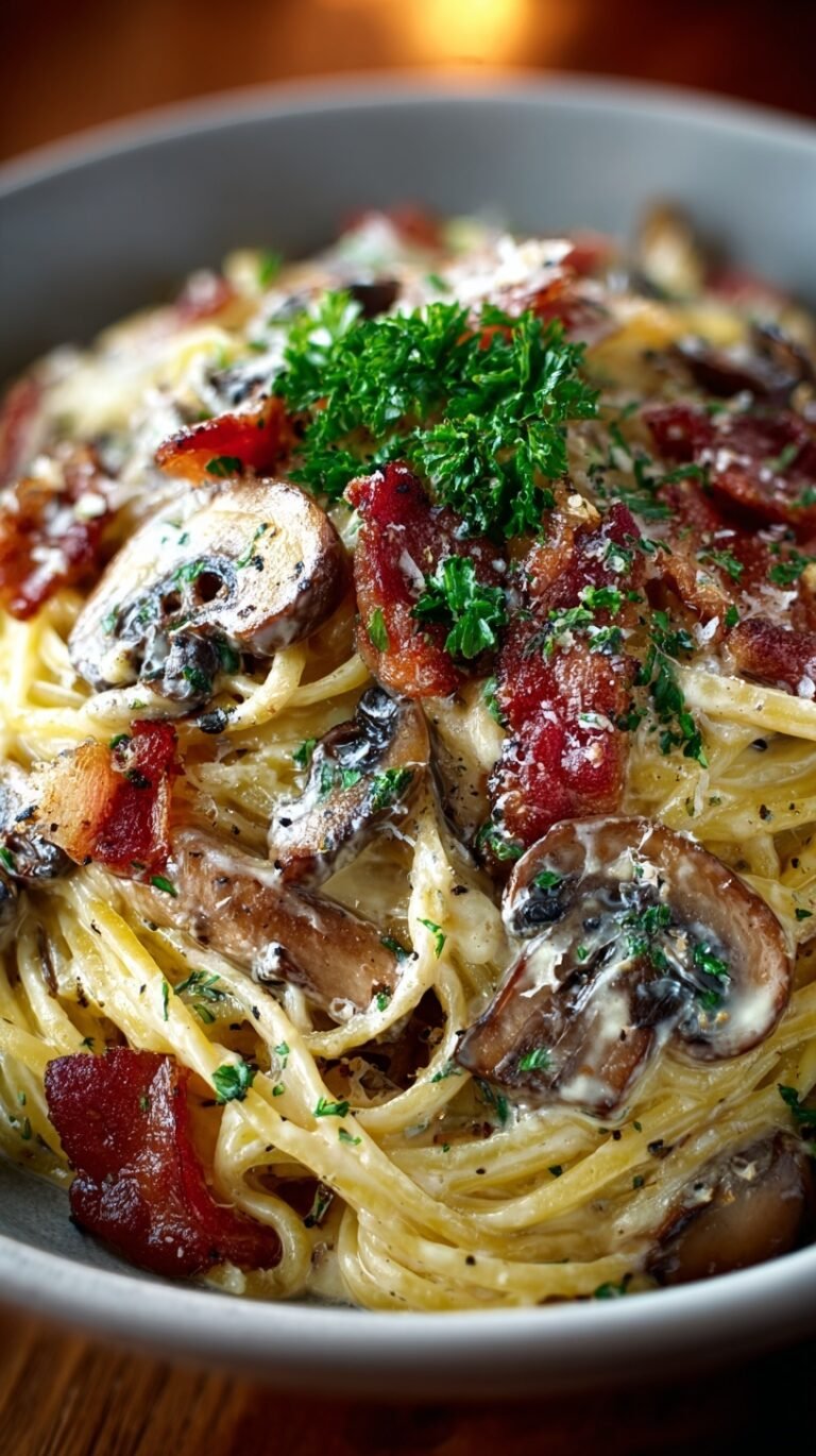 A close-up shot of creamy fettuccine pasta with crispy bacon and sautéed mushrooms in a white bowl.