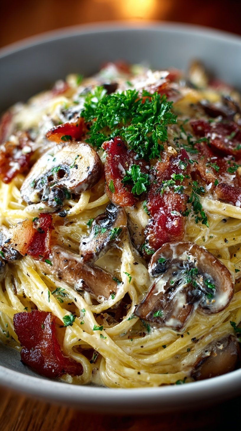 A close-up shot of creamy fettuccine pasta with crispy bacon and sautéed mushrooms in a white bowl.
