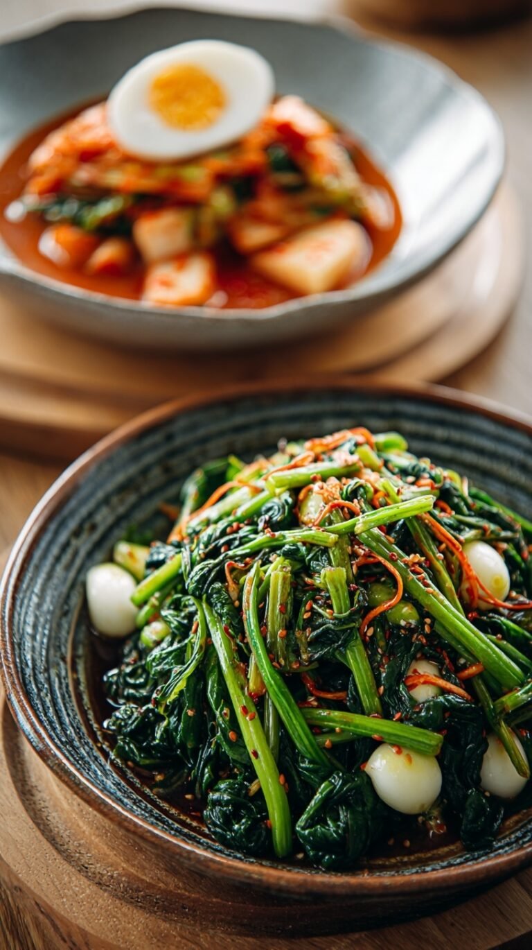 Two bowls of Korean spinach salad, one savory with sesame seeds and one spicy with red gochujang sauce