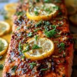 Pan-seared salmon fillets drizzled with a golden lemon garlic butter sauce and garnished with fresh parsley.
