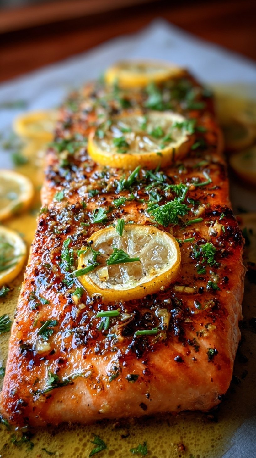 Pan-seared salmon fillets drizzled with a golden lemon garlic butter sauce and garnished with fresh parsley.