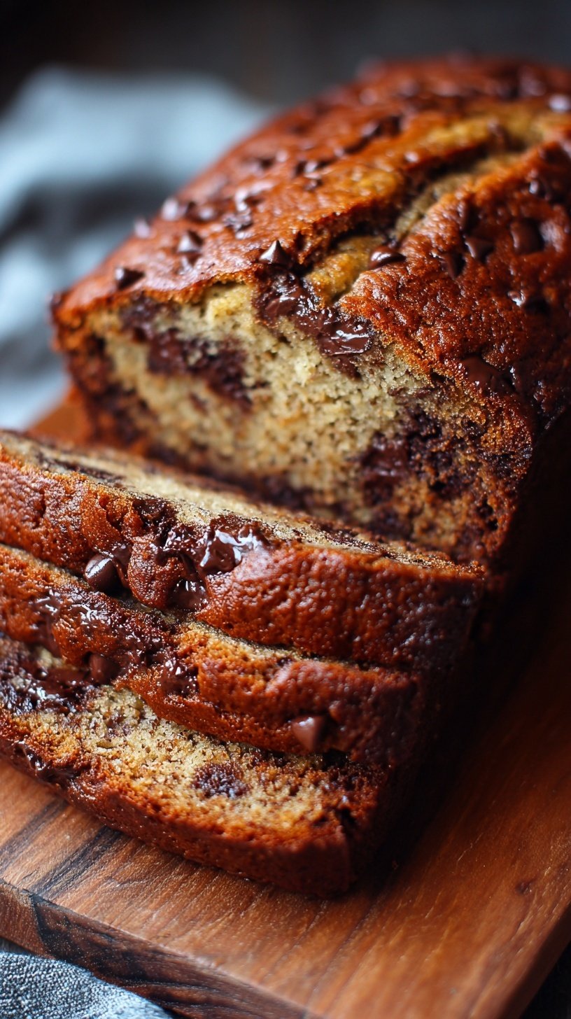 A golden loaf of chocolate chip banana bread sliced on a wooden board with melted chocolate chips visible.