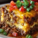 A bubbling hamburger supreme casserole topped with melted cheddar cheese and green peppers in a white baking dish.