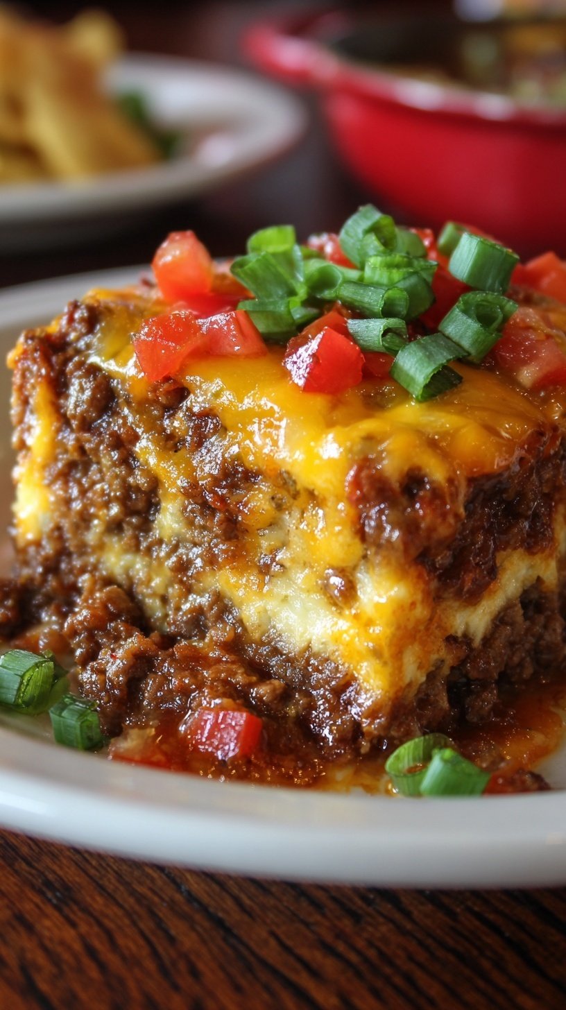A bubbling hamburger supreme casserole topped with melted cheddar cheese and green peppers in a white baking dish.