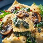 Fresh handmade mushroom ravioli tossed with baby spinach and garlic butter in a skillet
