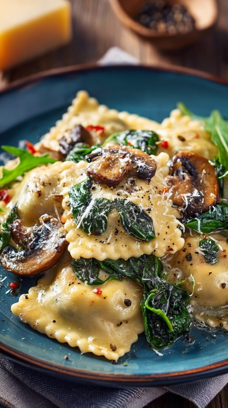 Fresh handmade mushroom ravioli tossed with baby spinach and garlic butter in a skillet