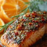 A golden-brown pan fried orange salmon fillet glazed with honey and citrus in a skillet.