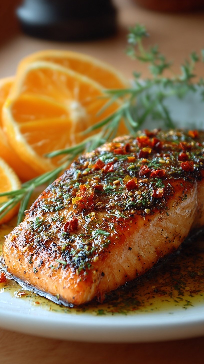 A golden-brown pan fried orange salmon fillet glazed with honey and citrus in a skillet.