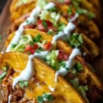 Golden brown hexagonal taco pockets filled with beef and melted cheese on a white plate with sour cream.