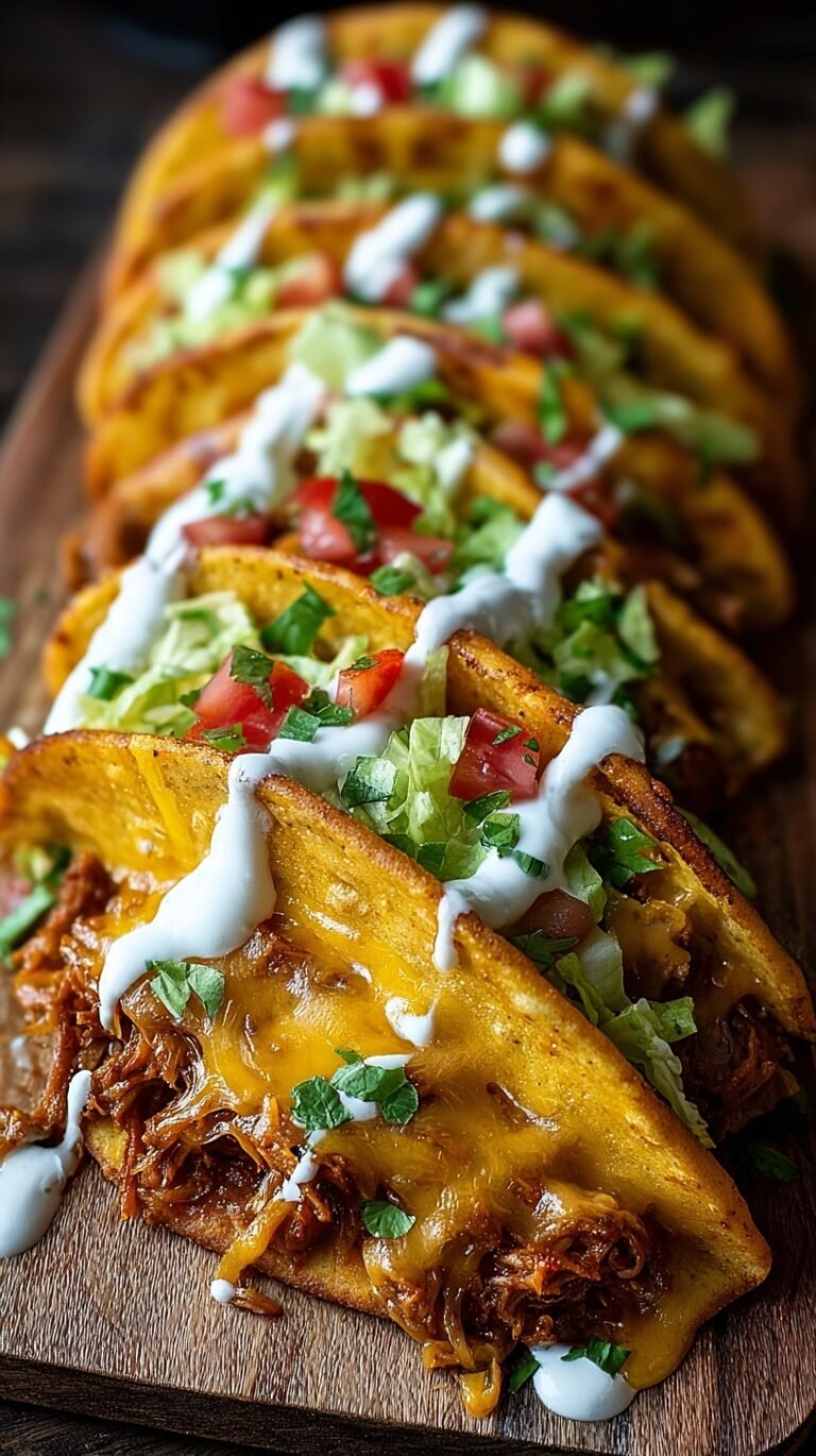 Golden brown hexagonal taco pockets filled with beef and melted cheese on a white plate with sour cream.