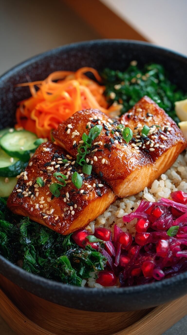 A vibrant crispy salmon bowl with avocado, cucumber, and spicy mayo drizzle on sushi rice.
