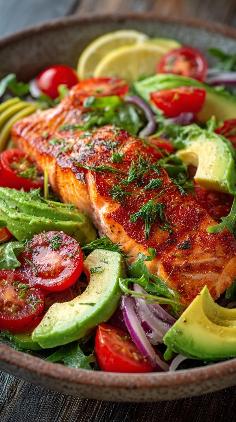A fresh Salmon Avocado Salad with seared salmon pieces, sliced avocado, and cherry tomatoes in a bowl.