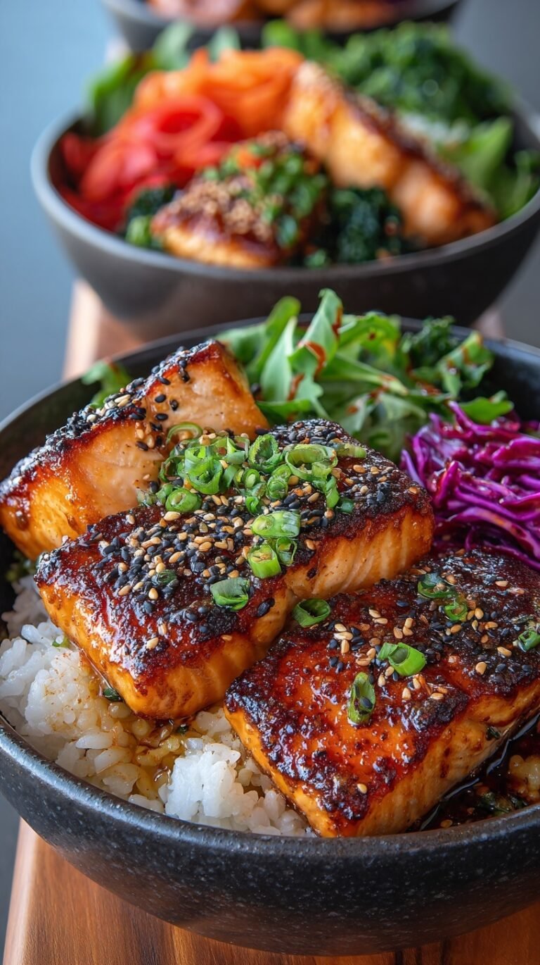 Crispy salmon cubes drizzled in spicy mayo sauce over a bowl of rice and vegetables