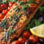 Pan-seared Mediterranean salmon fillets topped with cherry tomatoes, olives, and capers in a skillet.