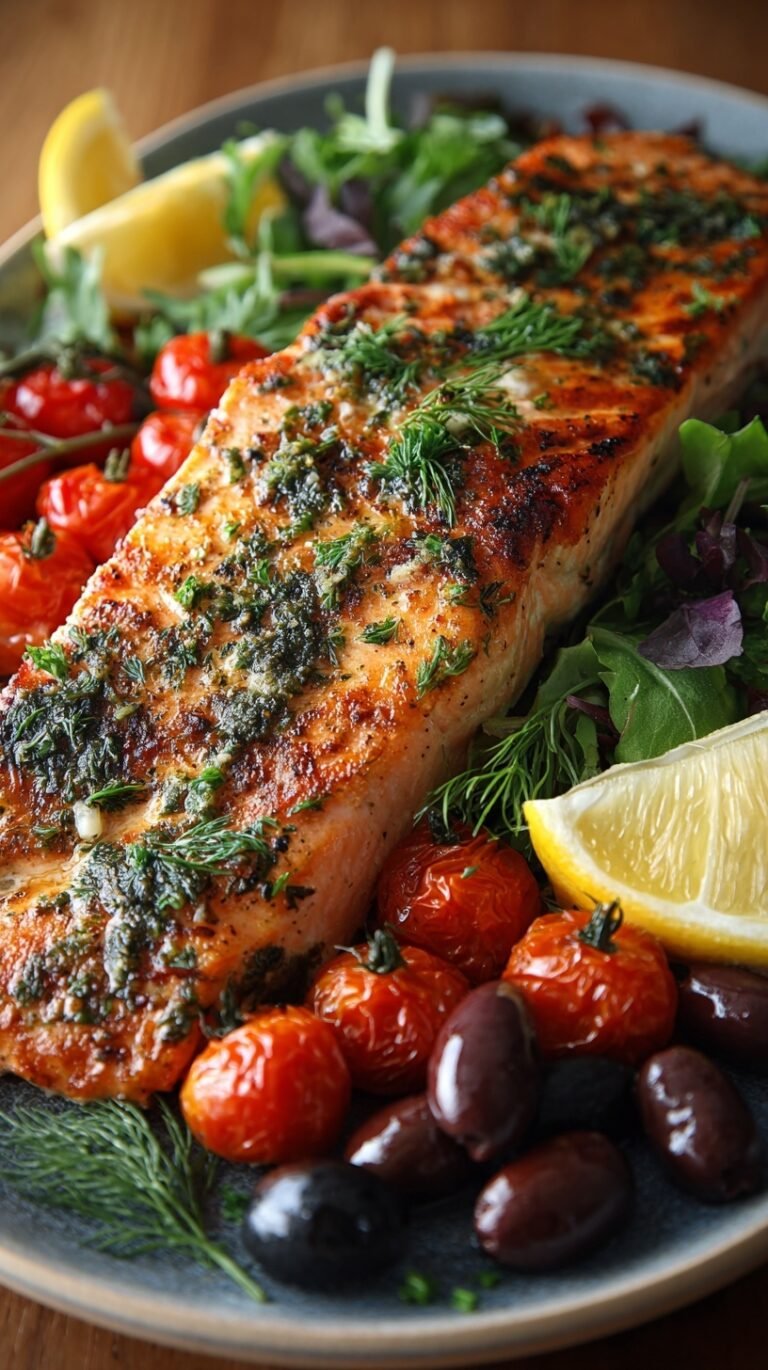 Pan-seared Mediterranean salmon fillets topped with cherry tomatoes, olives, and capers in a skillet.